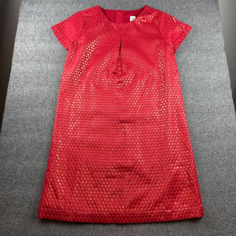 Gap Kids Dress Girls XXL 14-16 Red Gold Metallic Textured Dot Short Sleeve Shift